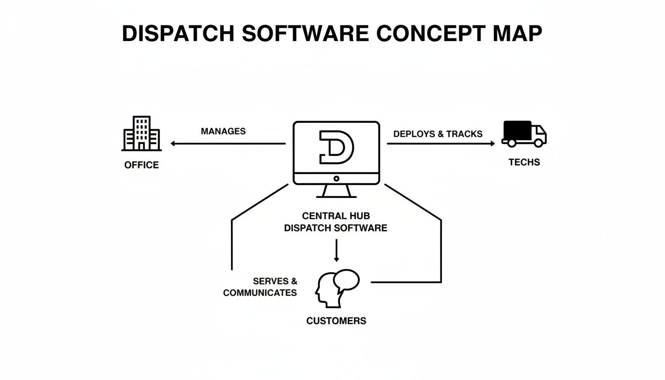 A dispatch software concept map shows connections between office, techs, and customers through a central hub.