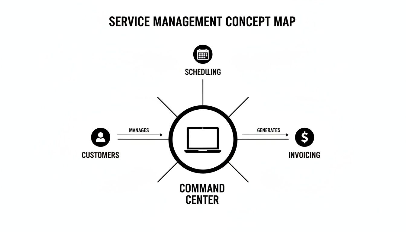 Best Field Management Software Tackon FSM in Small business service management software: Streamline Ops & Improve ROI 2 A service management concept map showing a command center connected to customers, scheduling, and invoicing.