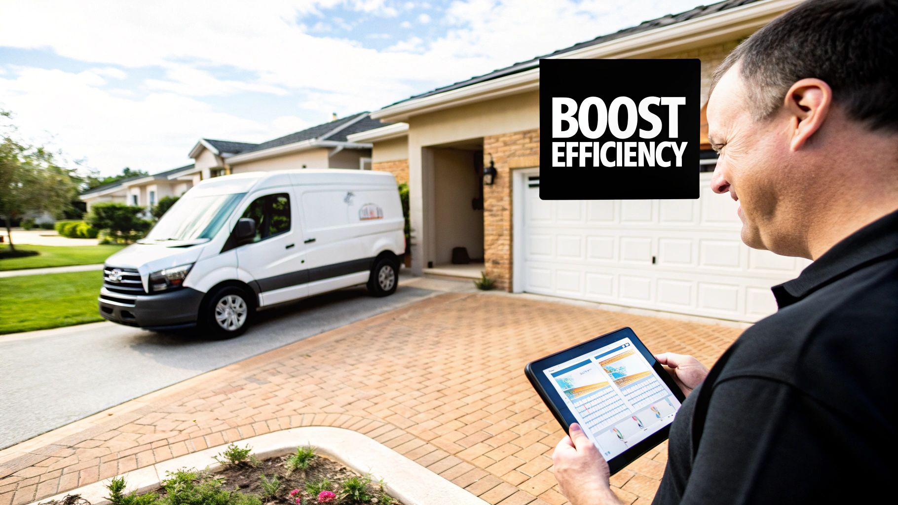 A service technician uses a tablet in front of a house and his white service van, aiming to boost efficiency.
