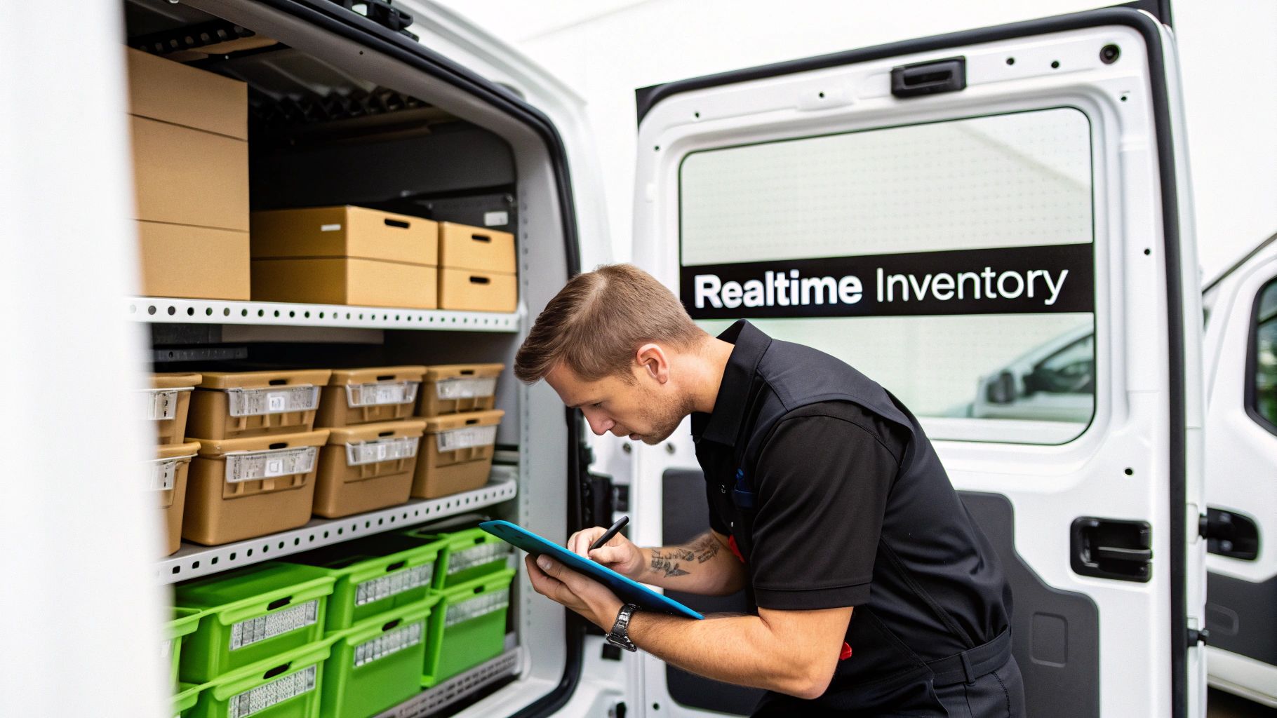 A man in uniform checks inventory inside a white delivery van, writing on a clipboard.