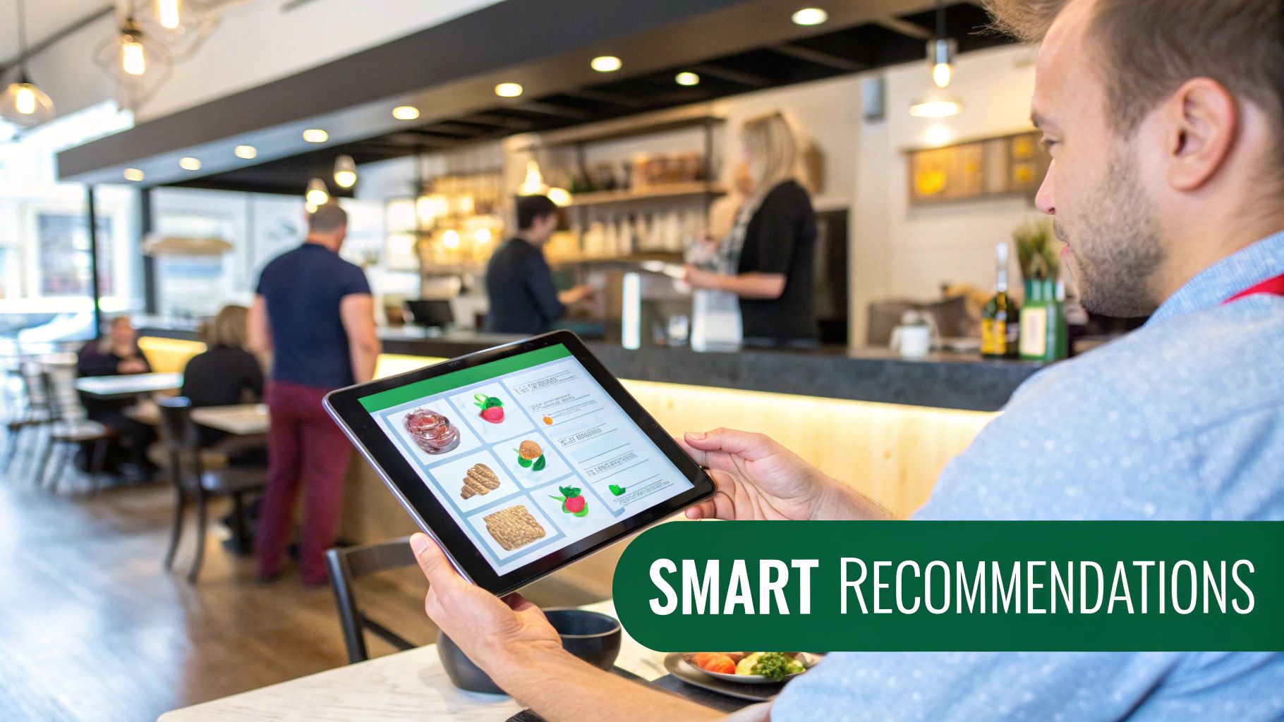 Man in a modern restaurant using a tablet to view smart food recommendations on a digital menu.
