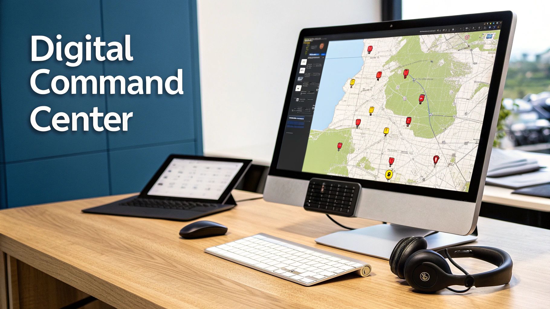 A digital command center desk with a large monitor displaying a map with markers, laptop, keyboard, and headphones.