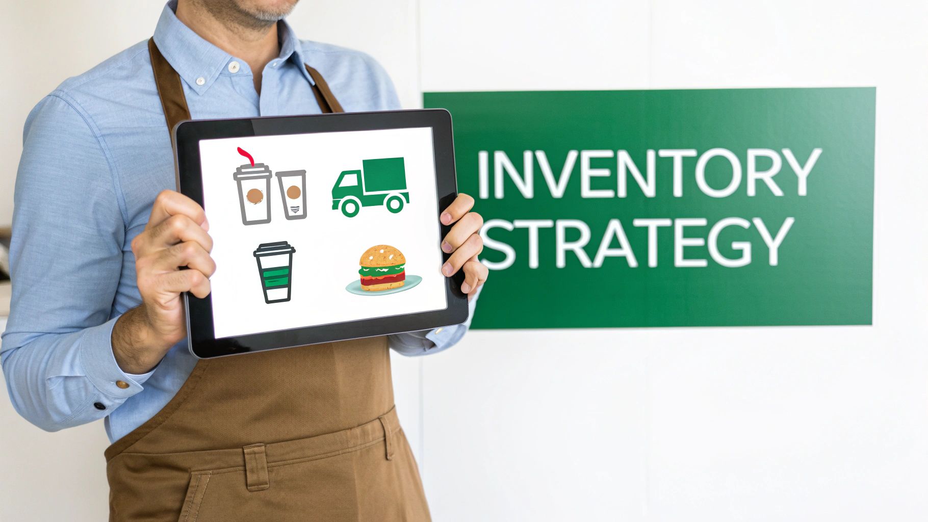 Man holds tablet with food and delivery icons; 'INVENTORY STRATEGY' sign in background.