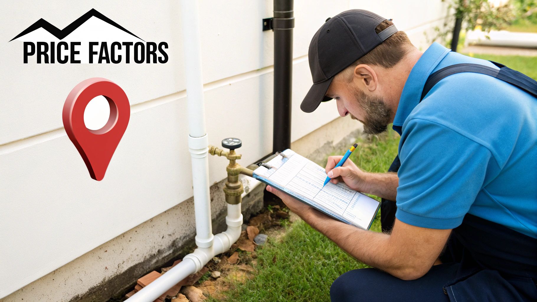 A service technician in a blue shirt inspecting outdoor plumbing near a house, taking notes on a clipboard.