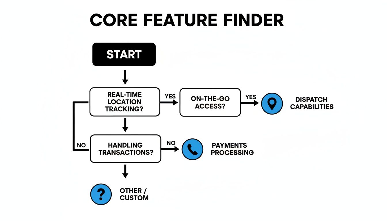 Best Field Management Software Tackon FSM in Job Scheduling Software for Contractors The Ultimate Guide to Efficiency 4 A flowchart titled 'Core Feature Finder' demonstrating decision paths for various feature requirements.