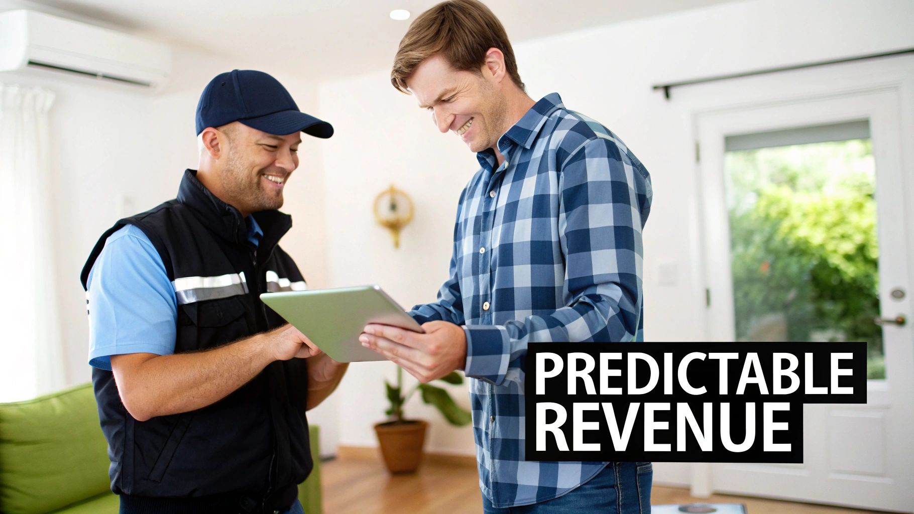 Best Field Management Software Tackon FSM in HVAC Maintenance Plan: The Blueprint for Recurring Revenue 2 Smiling HVAC technician and happy customer review a maintenance plan on a tablet.