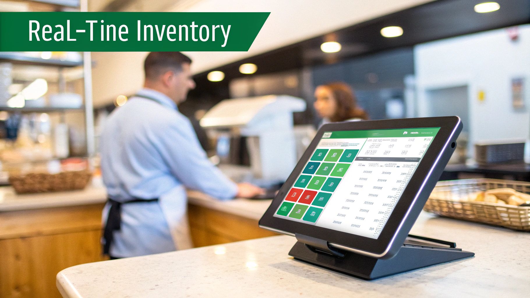 A tablet displaying real-time inventory software on a counter with an employee in the background.