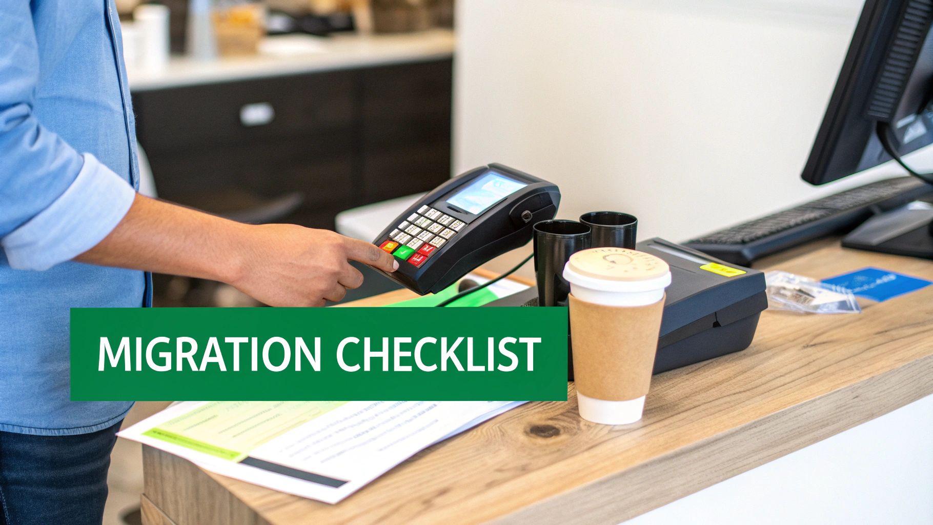 A person uses a point-of-sale (POS) terminal on a wooden counter for a transaction.