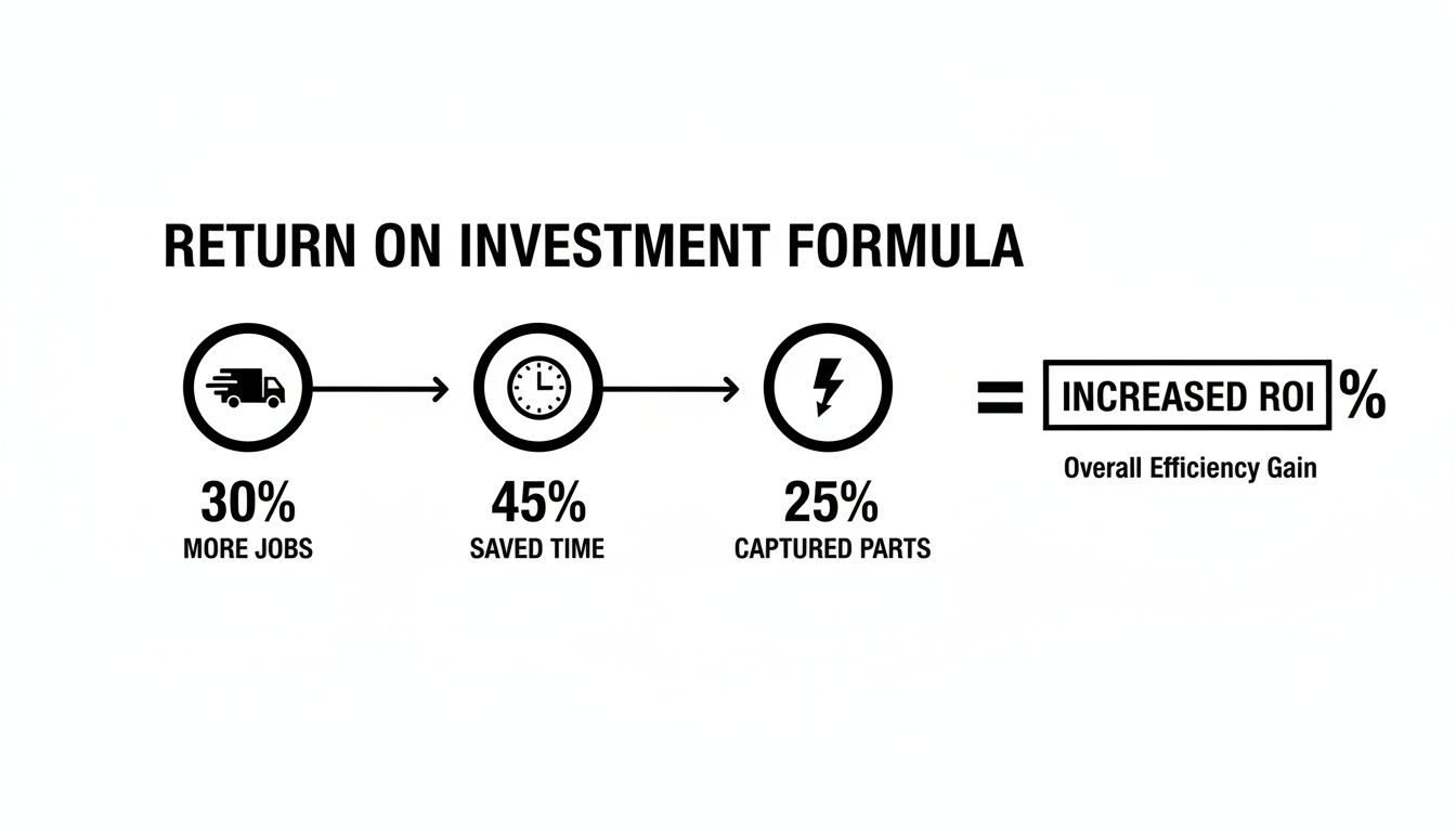 Best Field Management Software Tackon FSM in Software for Electrical Contractors That Boosts Profit 4 An ROI formula showing 30% more jobs, 45% saved time, and 25% captured parts resulting in increased overall efficiency.