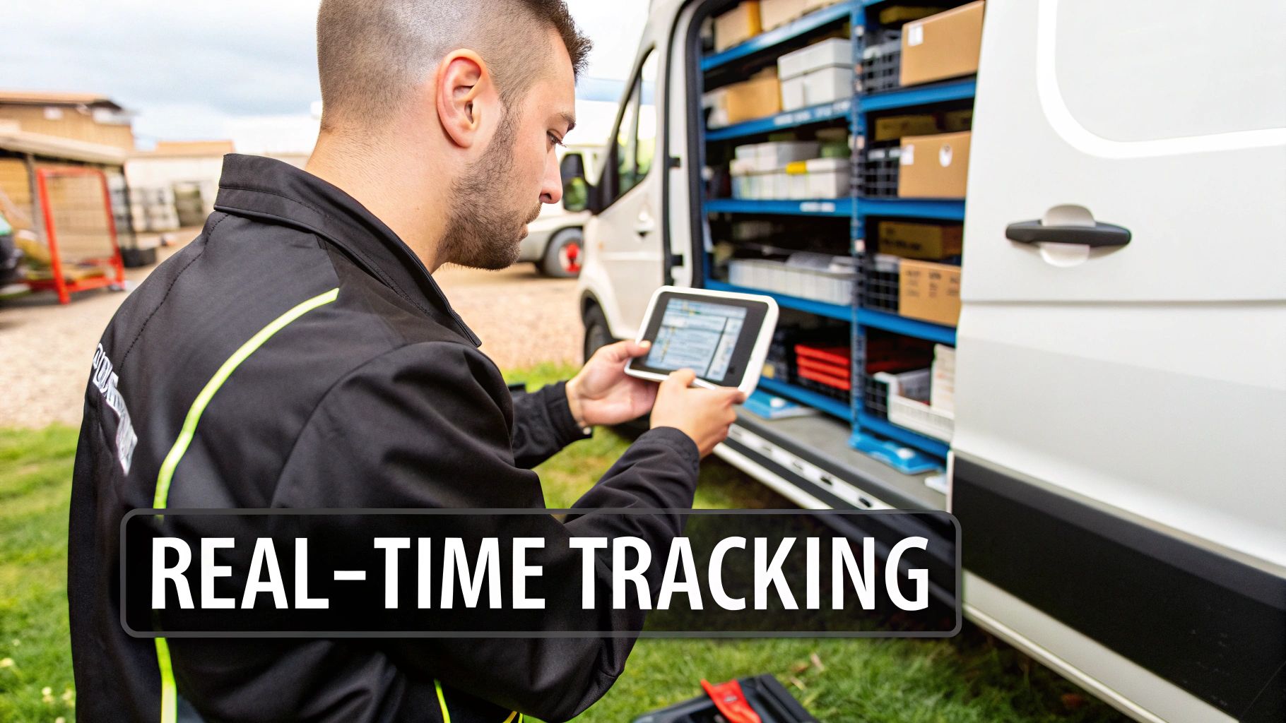 Best Field Management Software Tackon FSM in A Contractor's Guide to Construction Inventory Software 3 Field service technician using tablet for real-time inventory tracking at work van