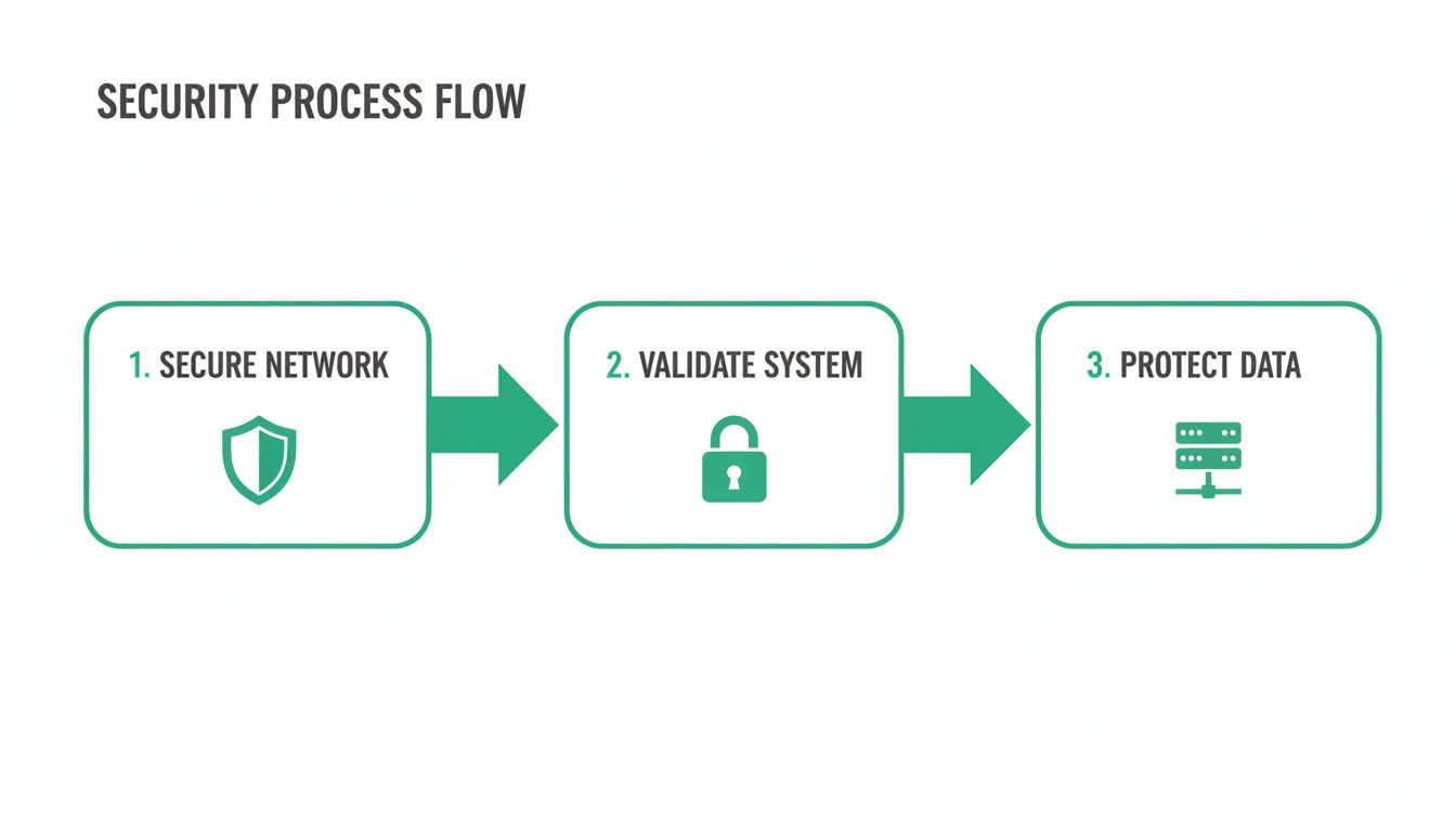 Flowchart illustrating a security process with three steps: secure network, validate system, and protect data.