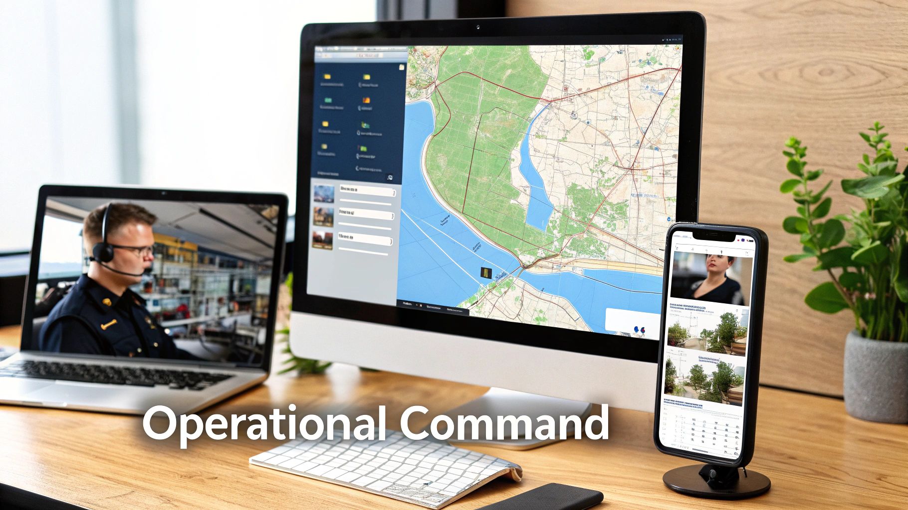 Best Field Management Software Tackon FSM in Job Scheduling Software for Contractors The Ultimate Guide to Efficiency 3 Multiple screens displaying operational command systems, including maps, communication, and real-time data.
