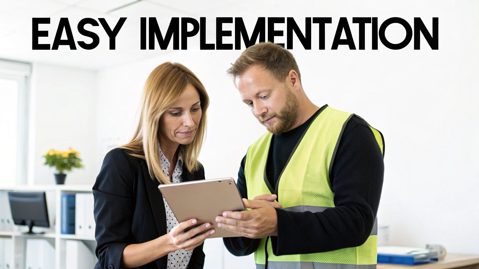Two professionals, a woman and a man in a safety vest, discuss data on a tablet.