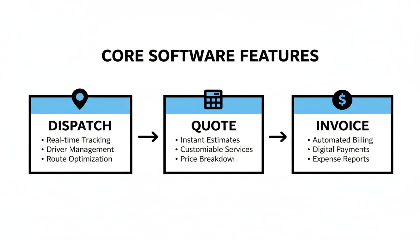 Best Field Management Software Tackon FSM in Finding the Best Software for Electrical Contractors 3 Software features flowchart: Dispatch, Quote, and Invoice with key functionalities like tracking, estimates, and billing.
