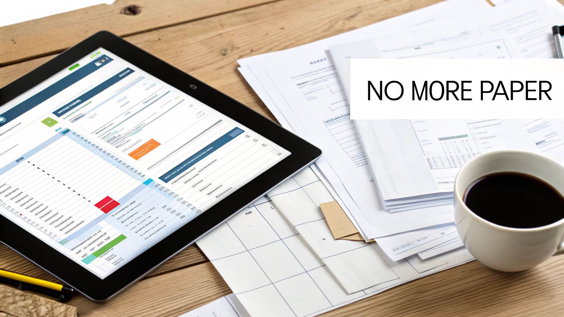 A tablet displaying digital work orders, paper documents, and coffee on a wooden desk with a 'NO MORE PAPER' sign.