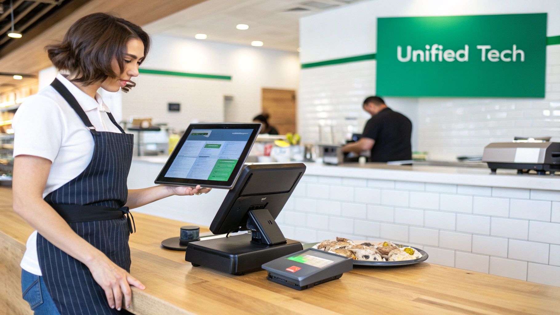 A woman in an apron operates a touch-screen POS system at a modern restaurant counter with food on display.