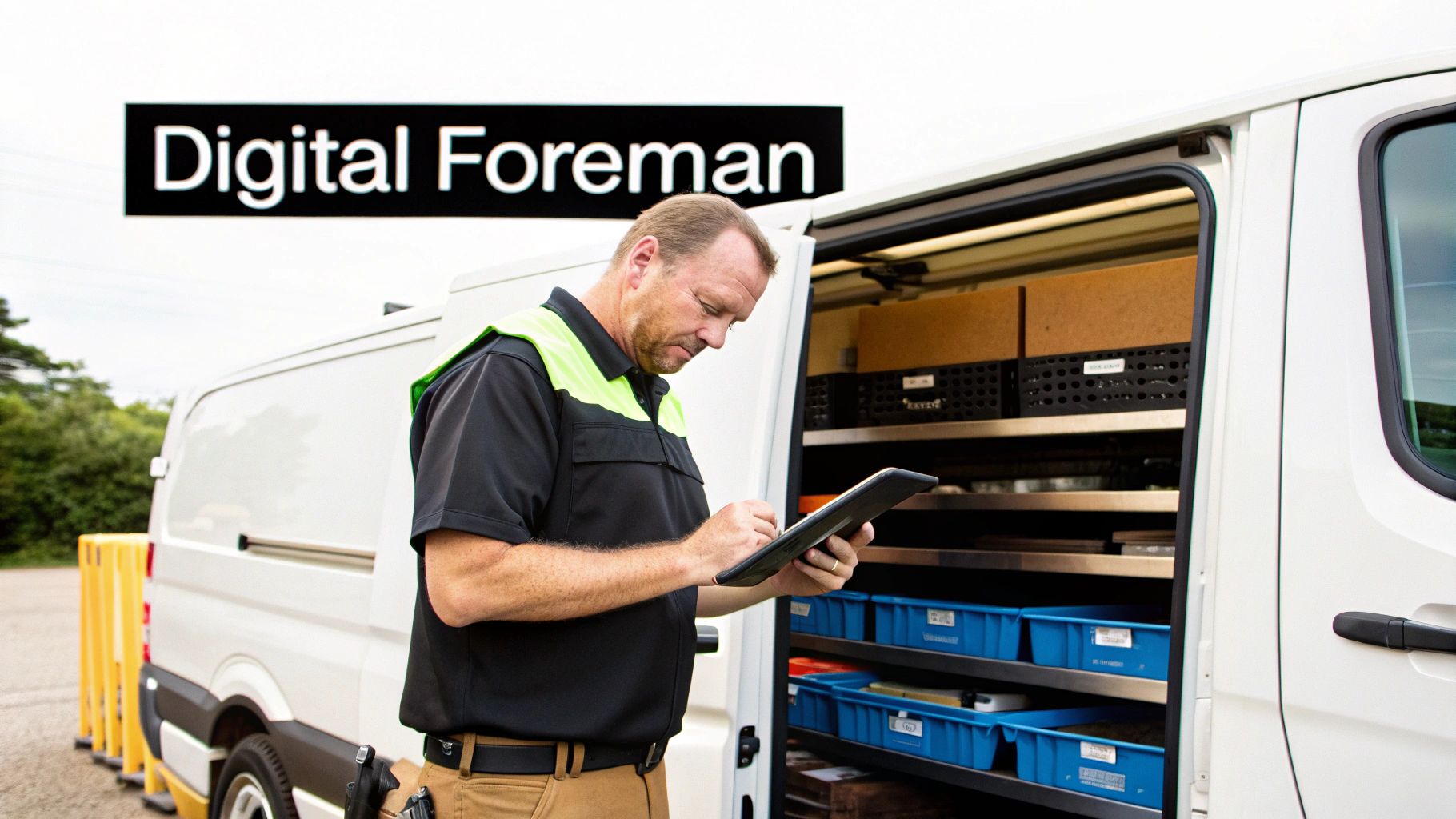 Man in work uniform checking a tablet next to an open service van with shelving.