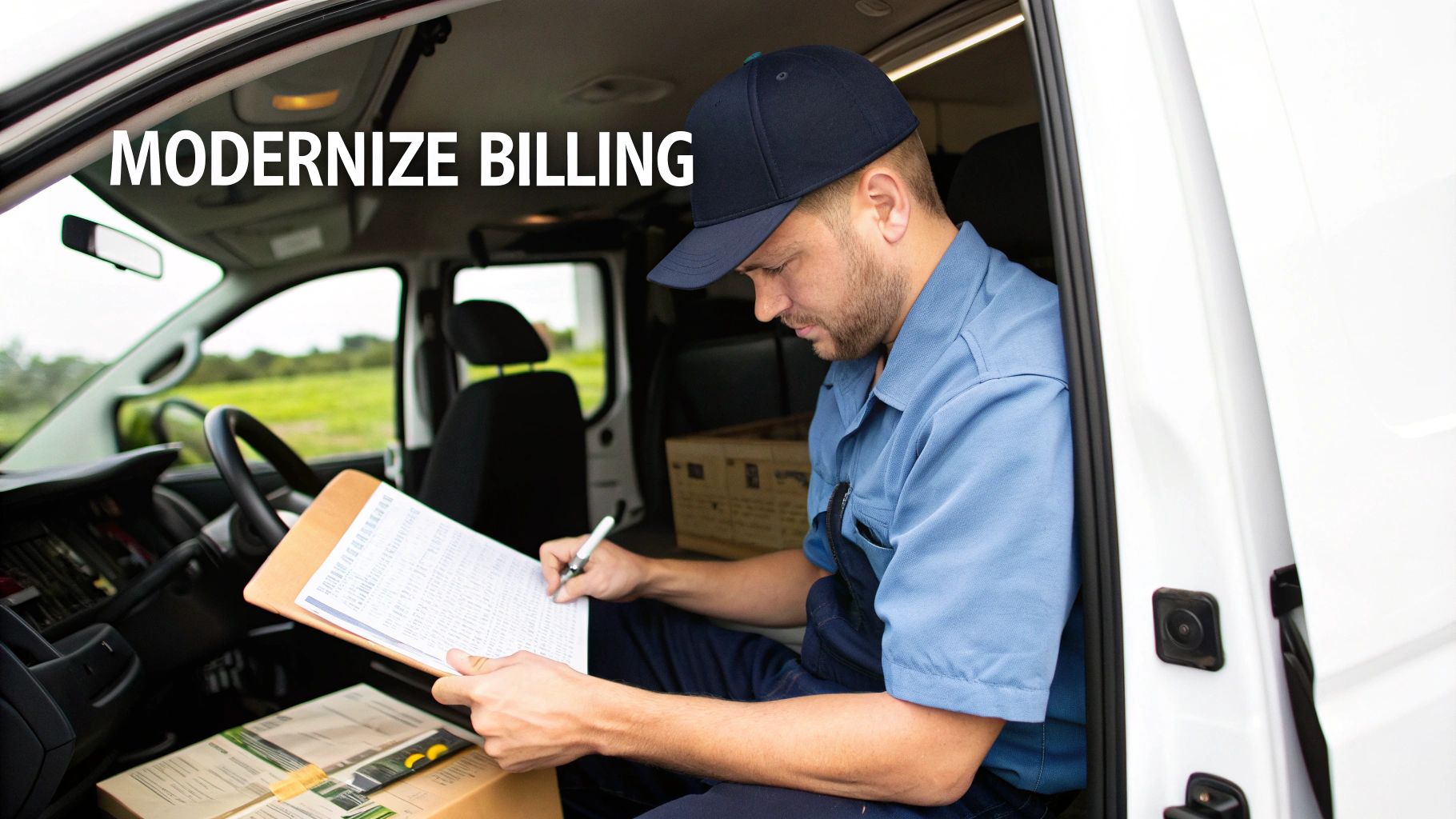 A service technician in a van records information on a clipboard, highlighting modernized billing.