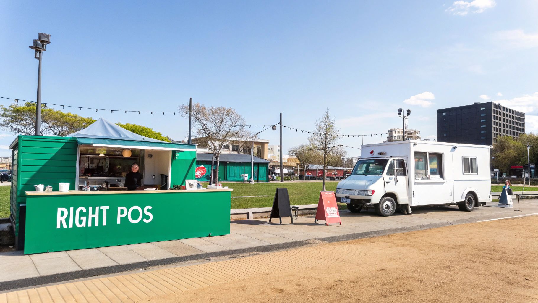 A green food stall with "RIGHT POS" signage and a white food truck parked outdoors on a sunny day.