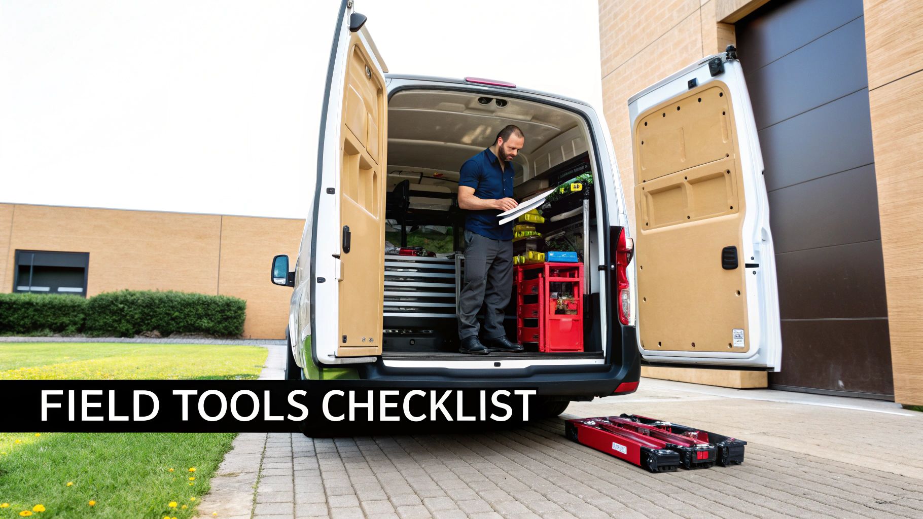 A man reviews a field tools checklist inside a white service van with organized equipment.