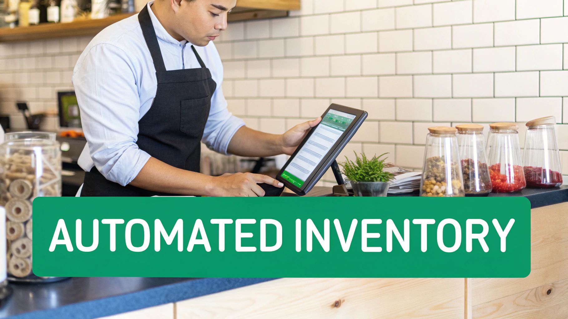 A small business owner uses a tablet for automated inventory management in a modern cafe setting.