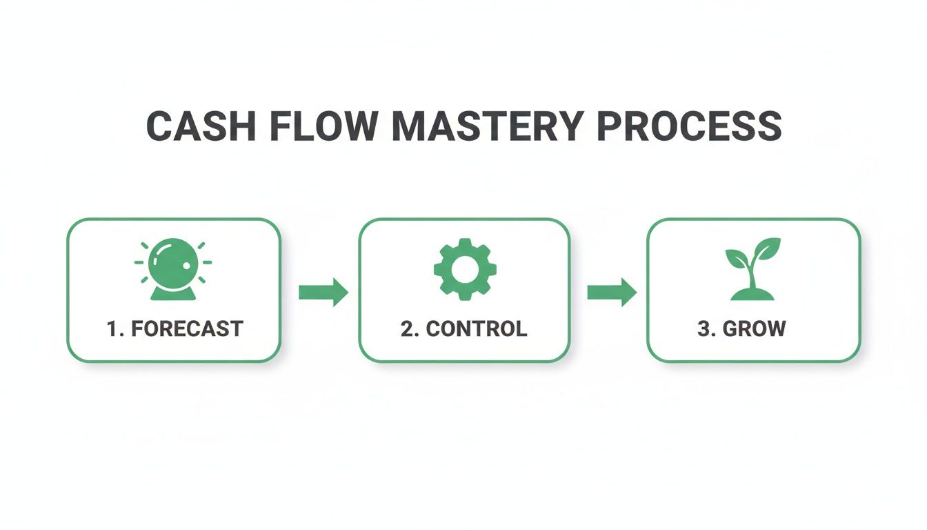 Cash Flow Mastery Process diagram with steps: 1. Forecast, 2. Control, 3. Grow, linked by arrows.