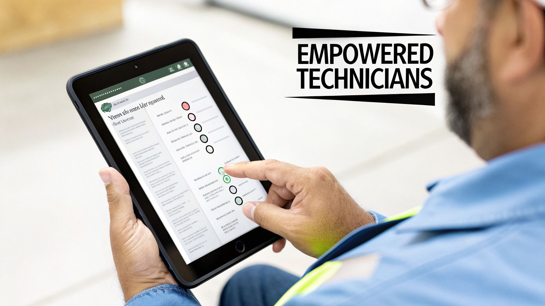 Best Field Management Software Tackon FSM in benefits of field service management software: Drive efficiency and growth 4 Close-up of a technician interacting with a digital checklist on a tablet screen.