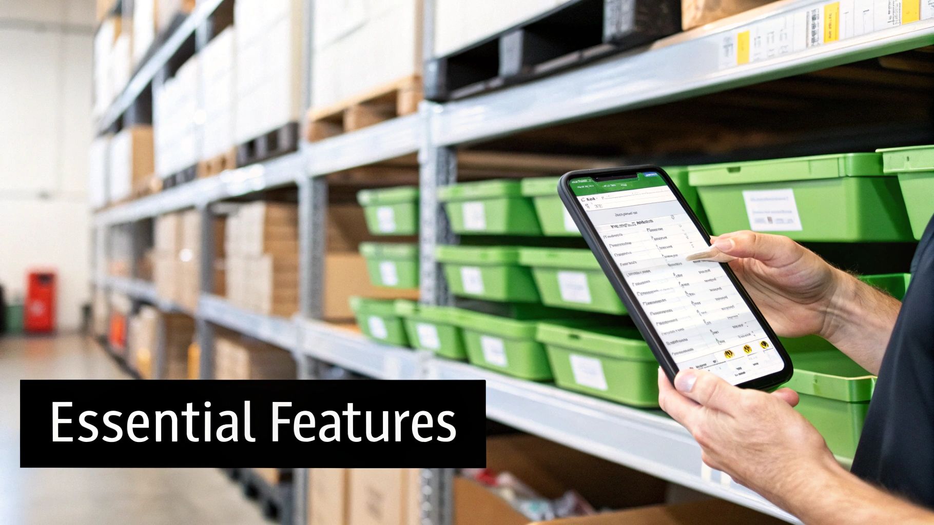 Best Field Management Software Tackon FSM in Your Guide to a Purchase Ordering System for Contractors 4 Person in a warehouse checks a smartphone app displaying inventory and essential ordering features.