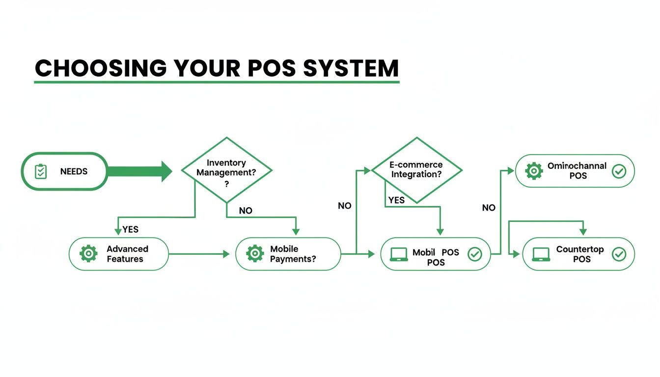 A flowchart illustrating how to choose the best POS system based on inventory, mobile, and e-commerce needs.