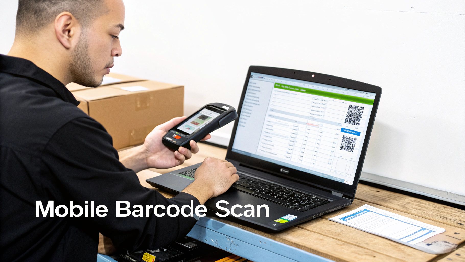 A person uses a mobile barcode scanner with a laptop for inventory management in a warehouse setting.