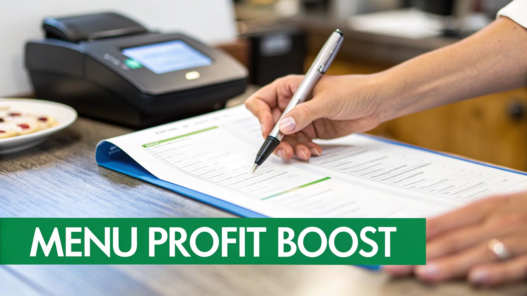 A person's hand writes on a document with a pen, next to a POS system and pastries, illustrating menu profit analysis.