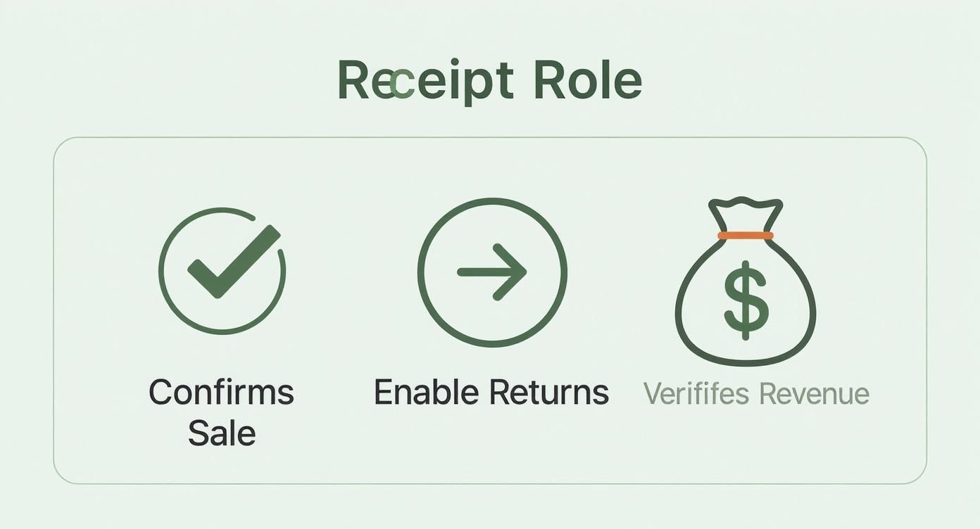 Diagram illustrating receipt roles: confirming sales, enabling returns, and verifying revenue.