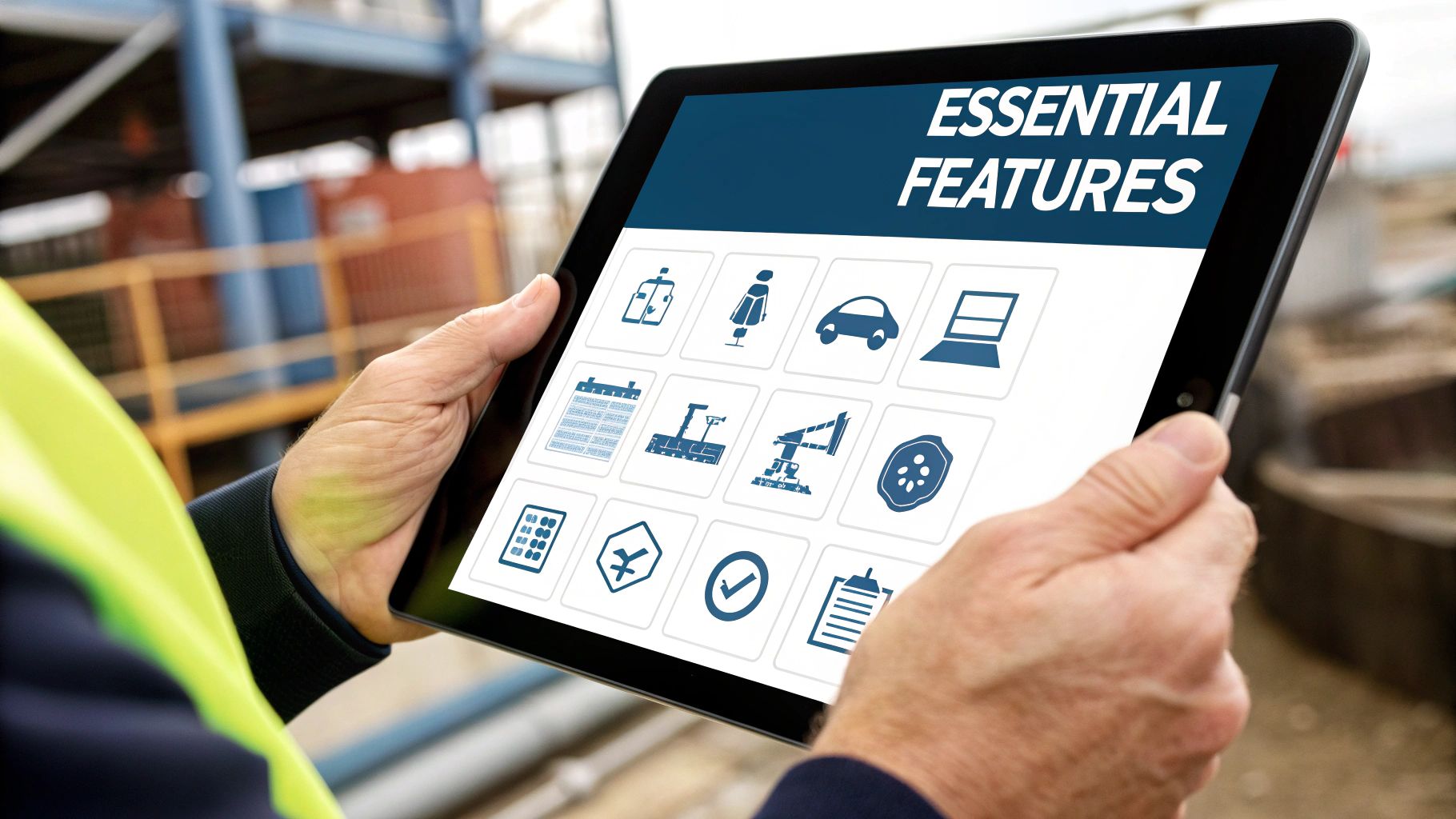Worker in safety vest holding a tablet displaying 'Essential Features' and a grid of icons for business software.