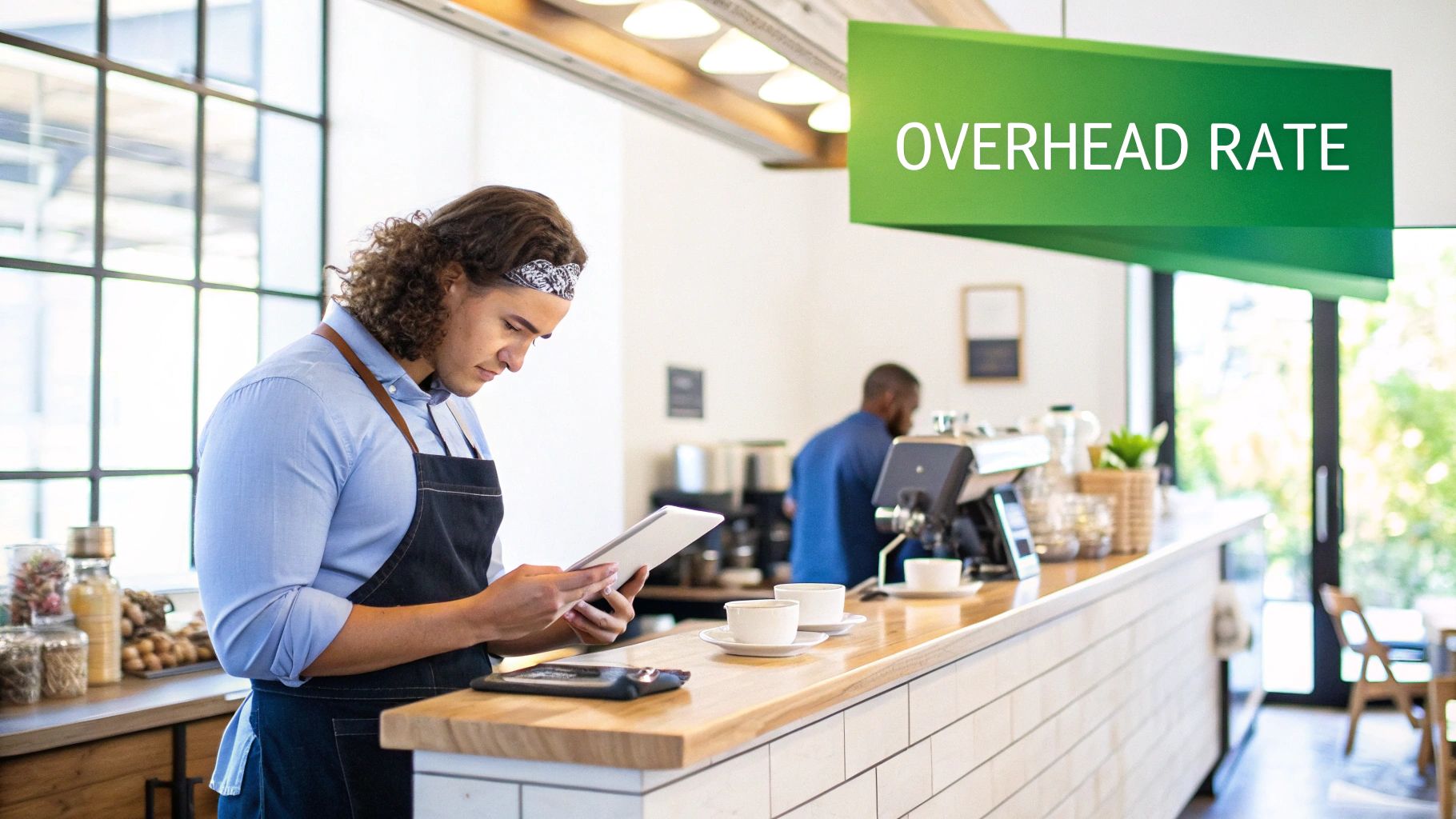 A barista in an apron reviewing data on a tablet inside a modern cafe with an overhead rate sign.