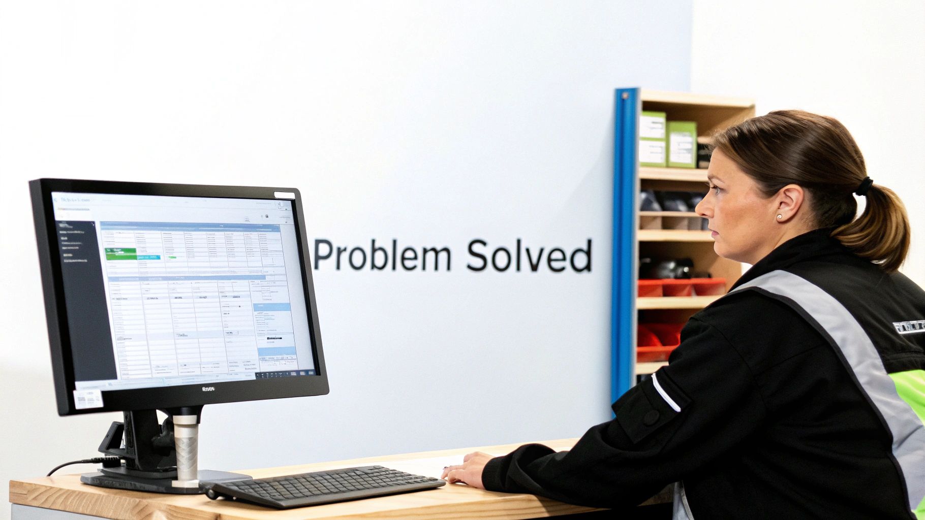A woman uses HVAC business management software on a computer, beside 'Problem Solved' text on the wall.