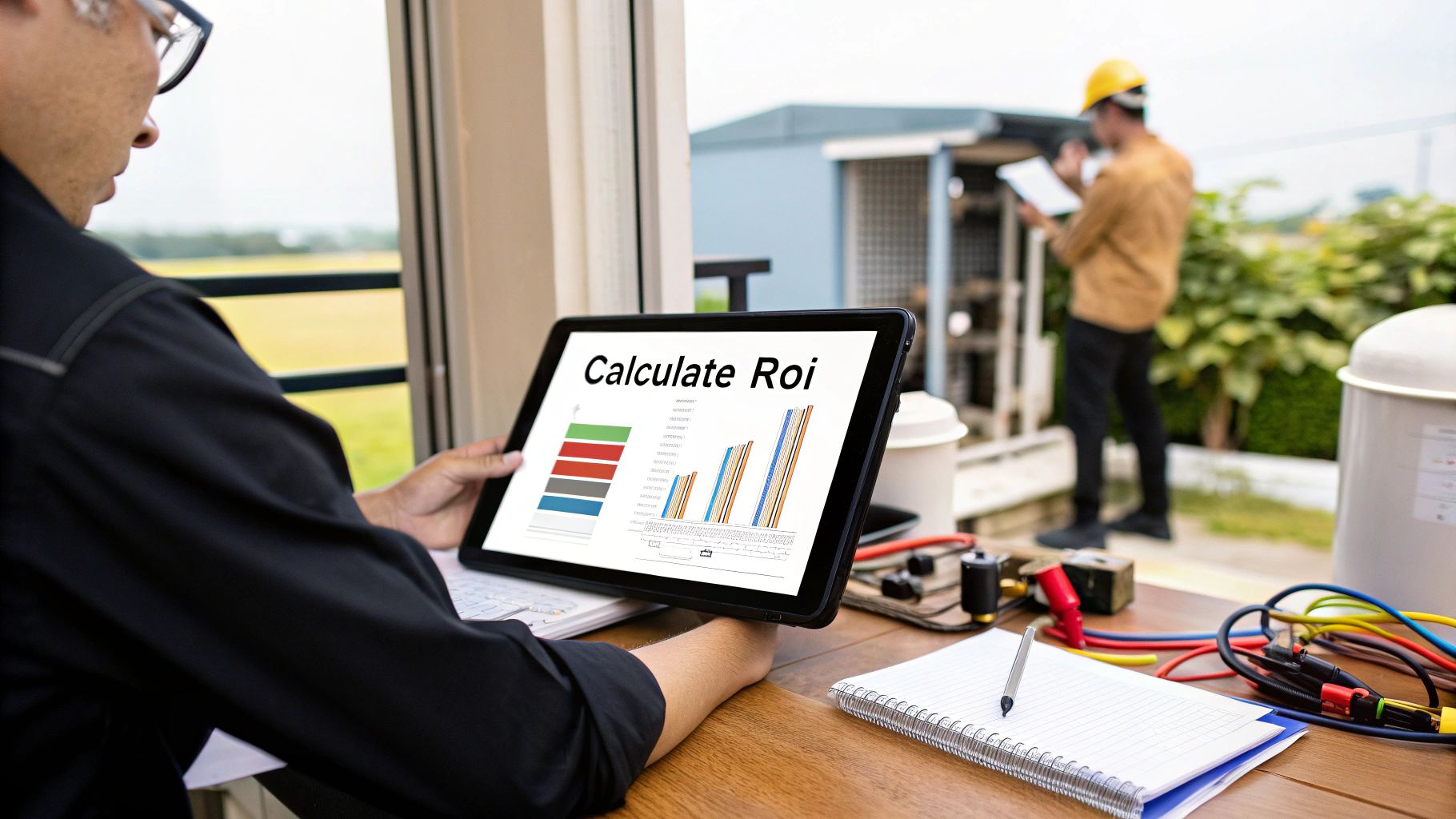 A man calculates ROI on a tablet with graphs, while another inspects outdoor HVAC equipment.