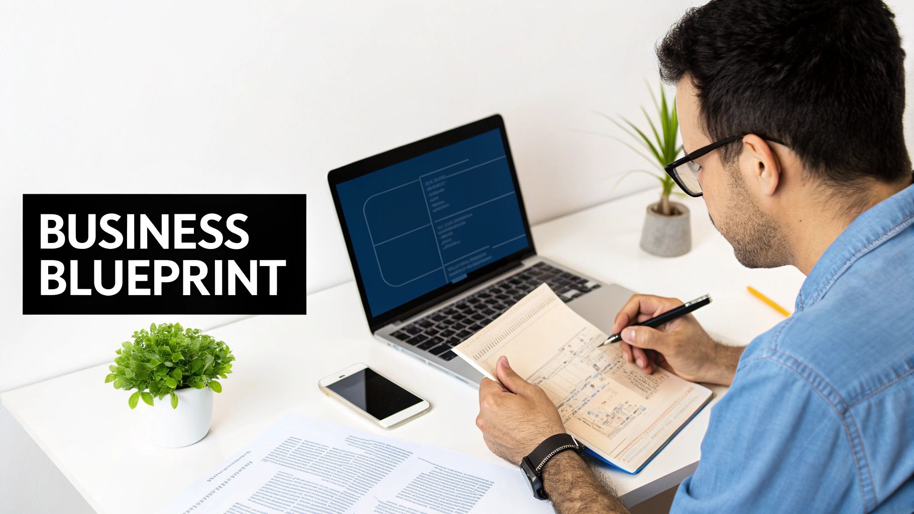 Best Field Management Software Tackon FSM in How to Start a Plumbing Business That Succeeds 2 A man plans his business blueprint, writing notes while looking at a laptop screen.