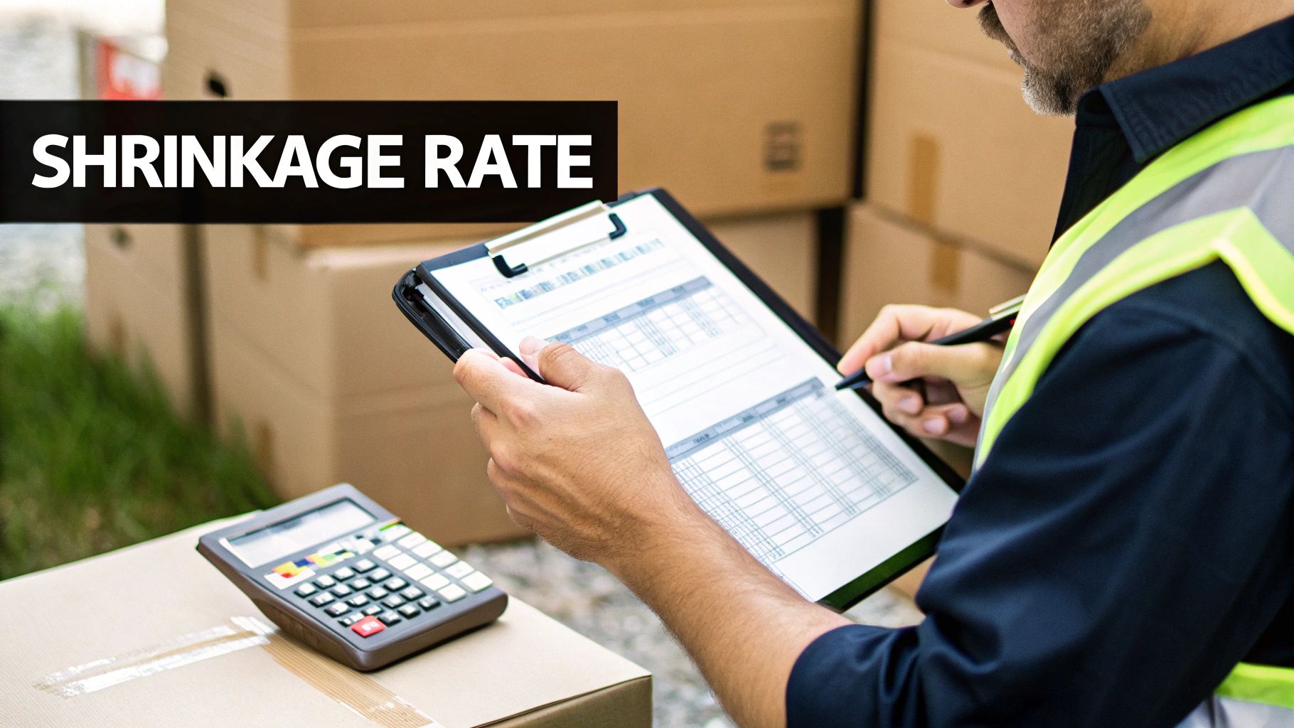 A person in a safety vest reviews a clipboard with inventory data, calculating 'SHRINKAGE RATE'.