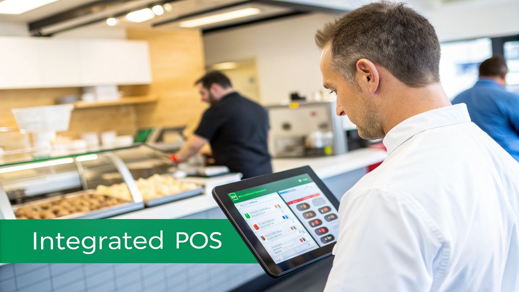 A man in a white chef's coat uses a tablet for an integrated POS system in a restaurant kitchen.