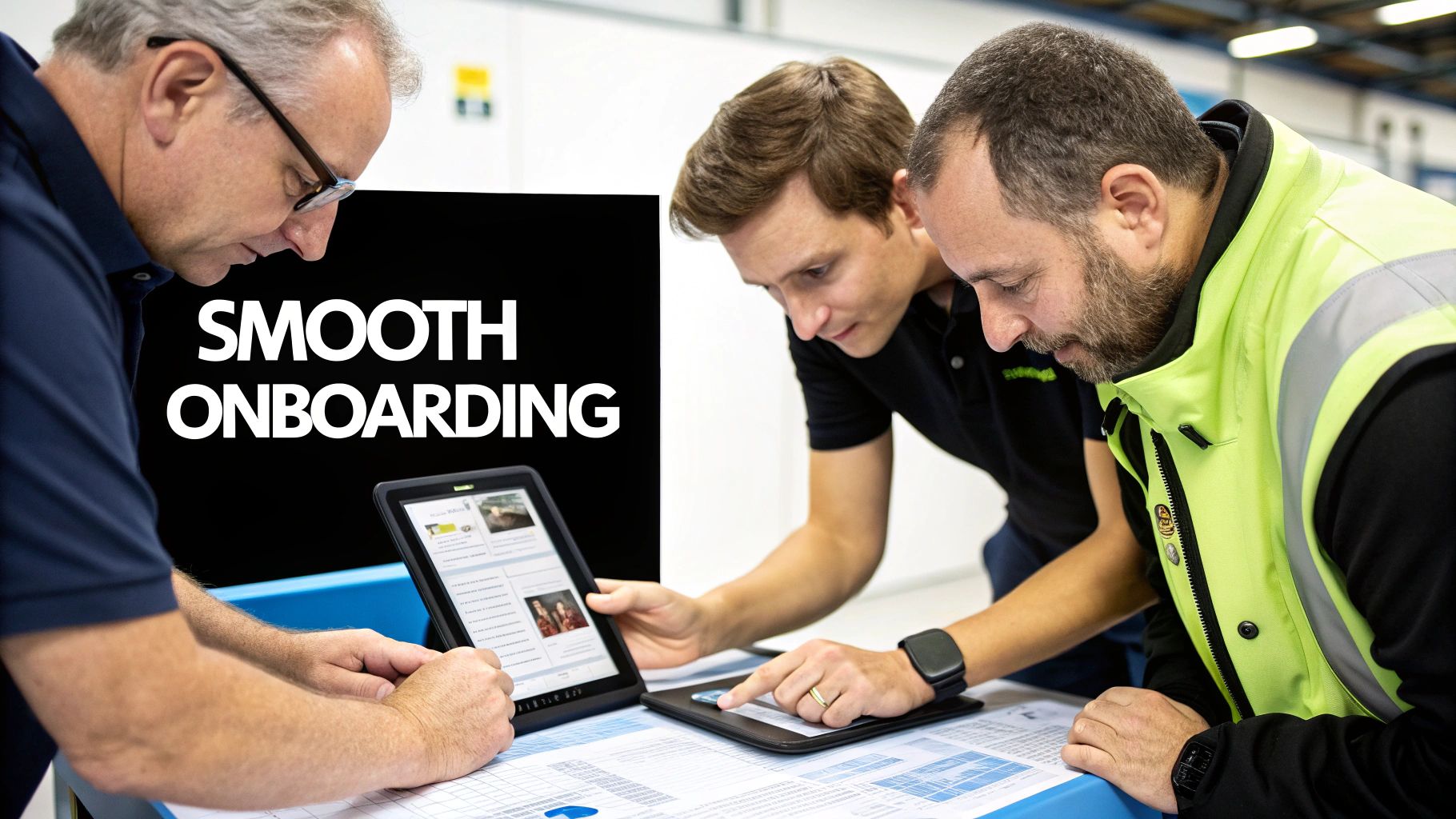 Best Field Management Software Tackon FSM in Finding the Best HVAC Dispatch Software for Your Business 4 Three men collaborating around a tablet and documents, with "SMOOTH ONBOARDING" text.