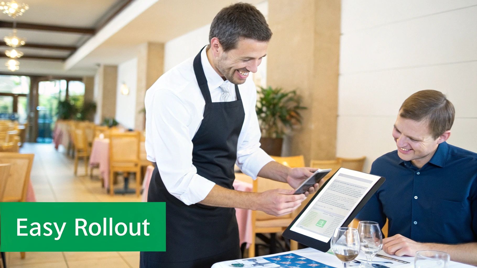 A smiling waiter shows a digital menu on a tablet to a happy customer in a modern restaurant.