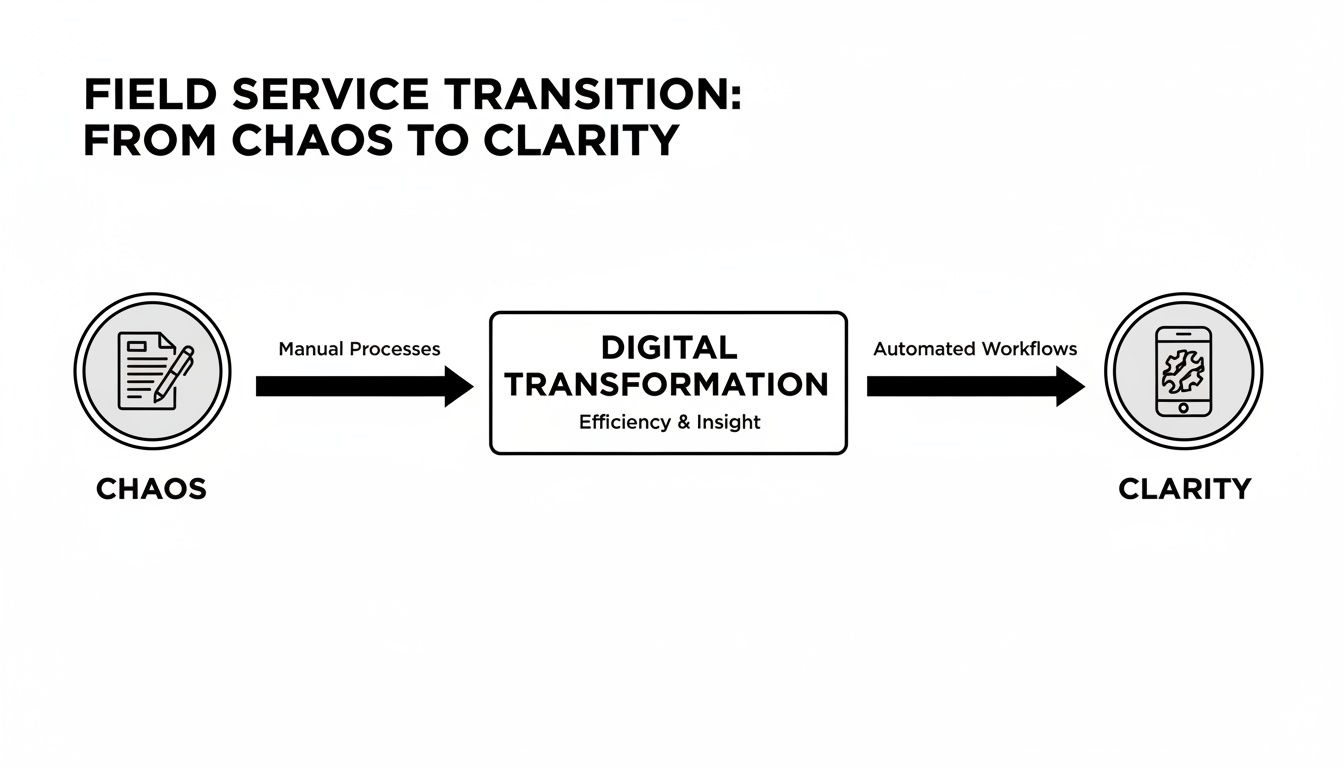 Best Field Management Software Tackon FSM in Mobile Apps for Field Service A Contractor's Guide to Efficiency 2 Diagram illustrating the field service transition from manual chaos to automated clarity via digital transformation.