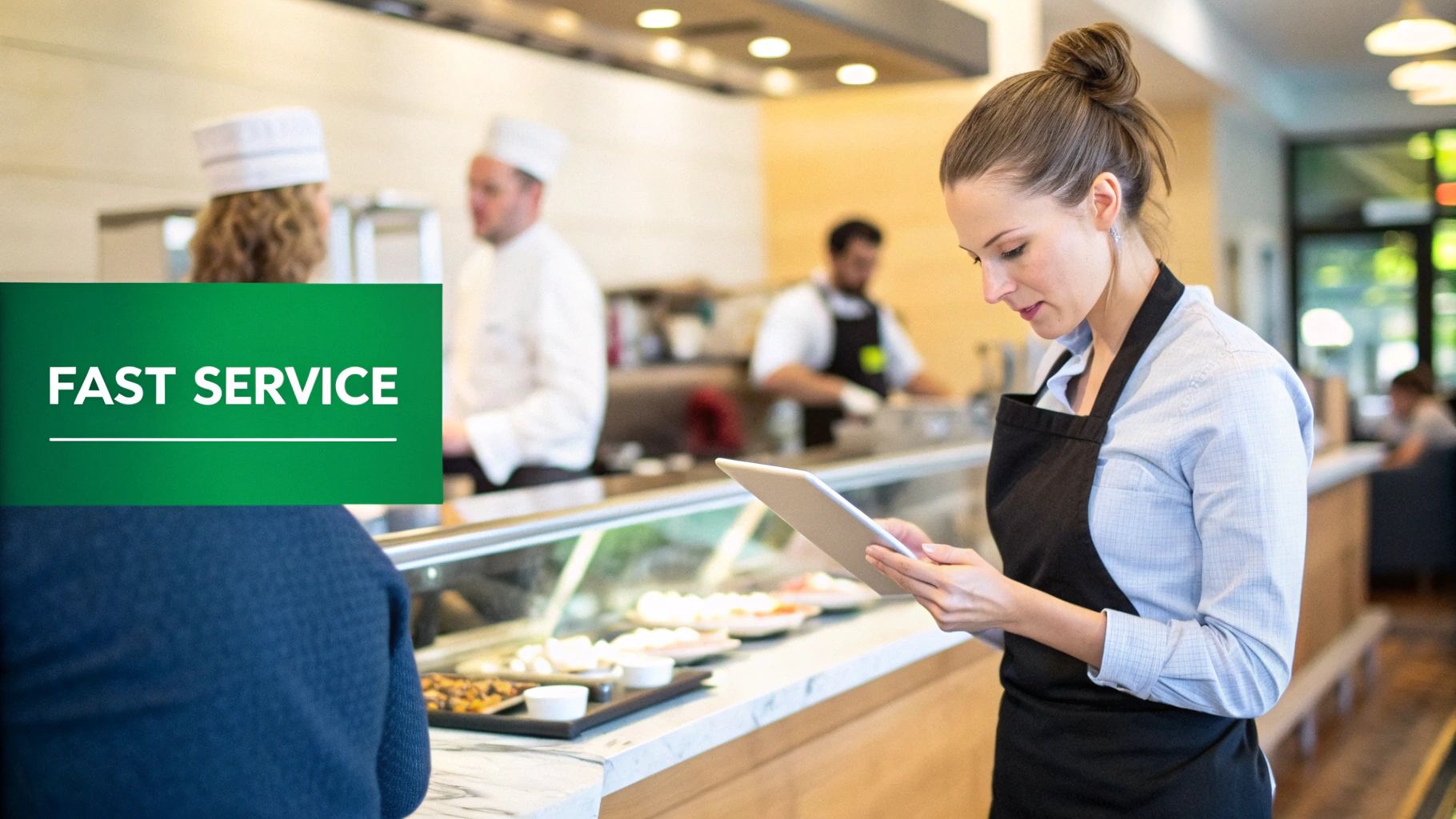 A server using a mobile POS device to take an order at a restaurant table