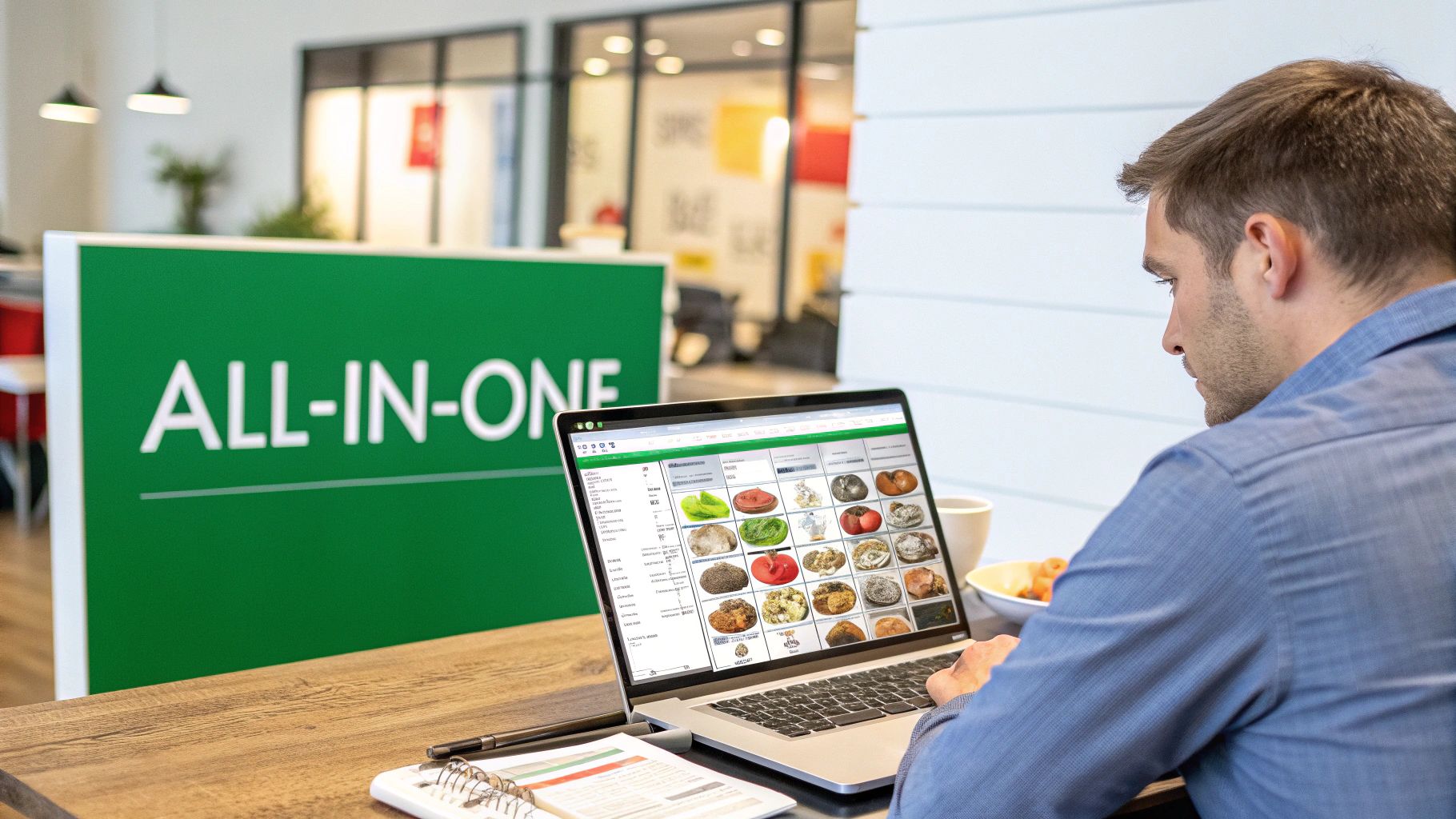 A man uses a laptop with a food ordering system, next to an "ALL-IN-ONE" sign.