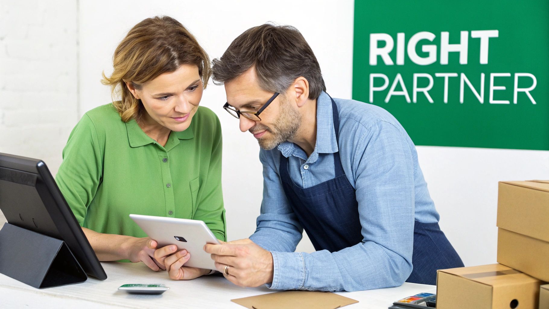 Two business partners discussing on a tablet at a counter, with boxes and a 'RIGHT PARTNER' sign.