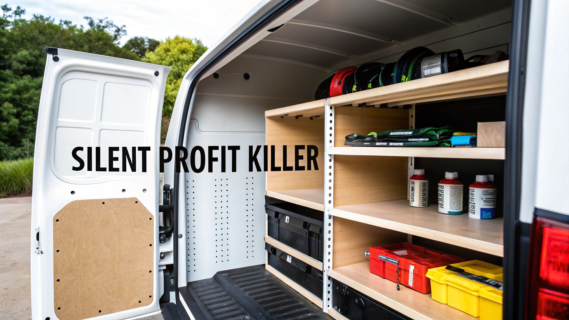 Open white van interior with custom wooden shelving, organized tools, and various supplies for work.