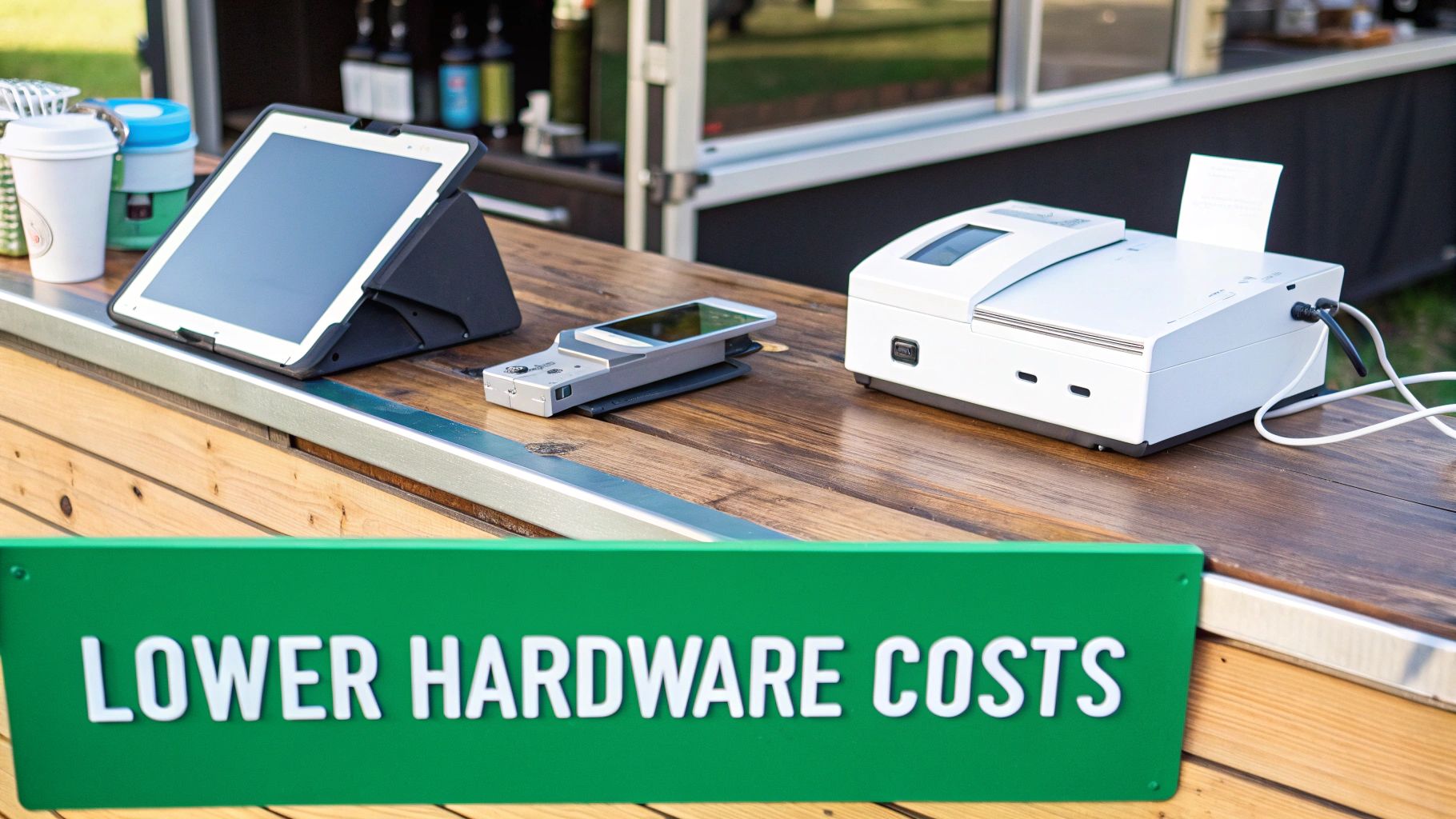 A restaurant manager setting up a tablet-based POS system on a counter