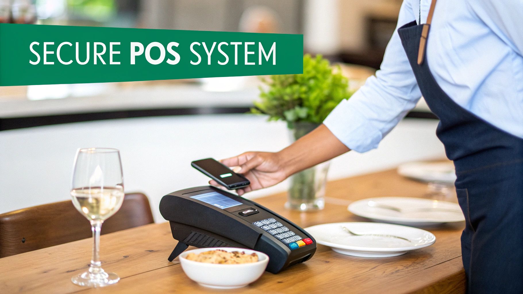 A customer uses a secure POS system with a smartphone for contactless payment at a restaurant table.