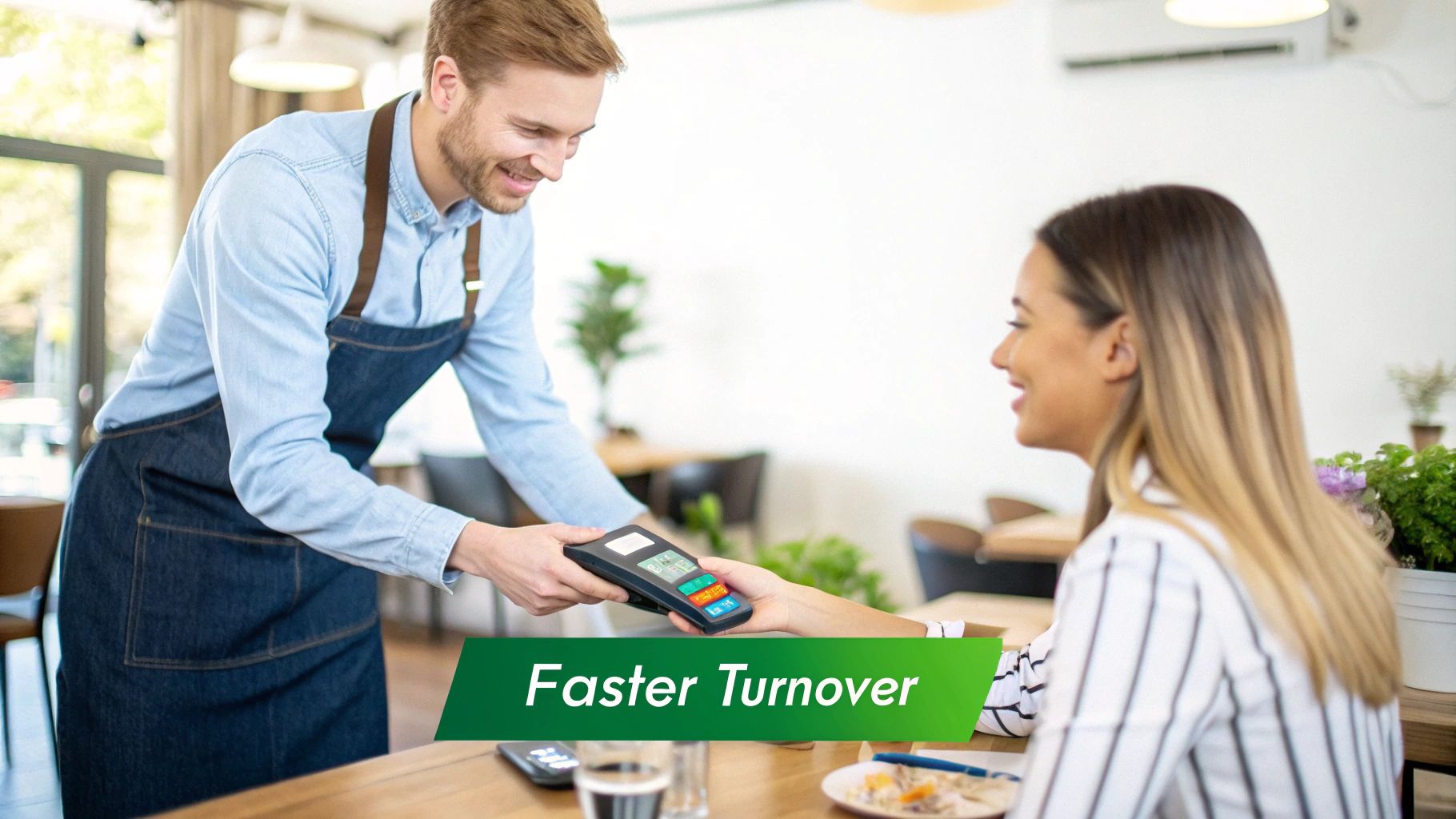 A smiling waiter presents a contactless card reader to a happy customer in a cafe.