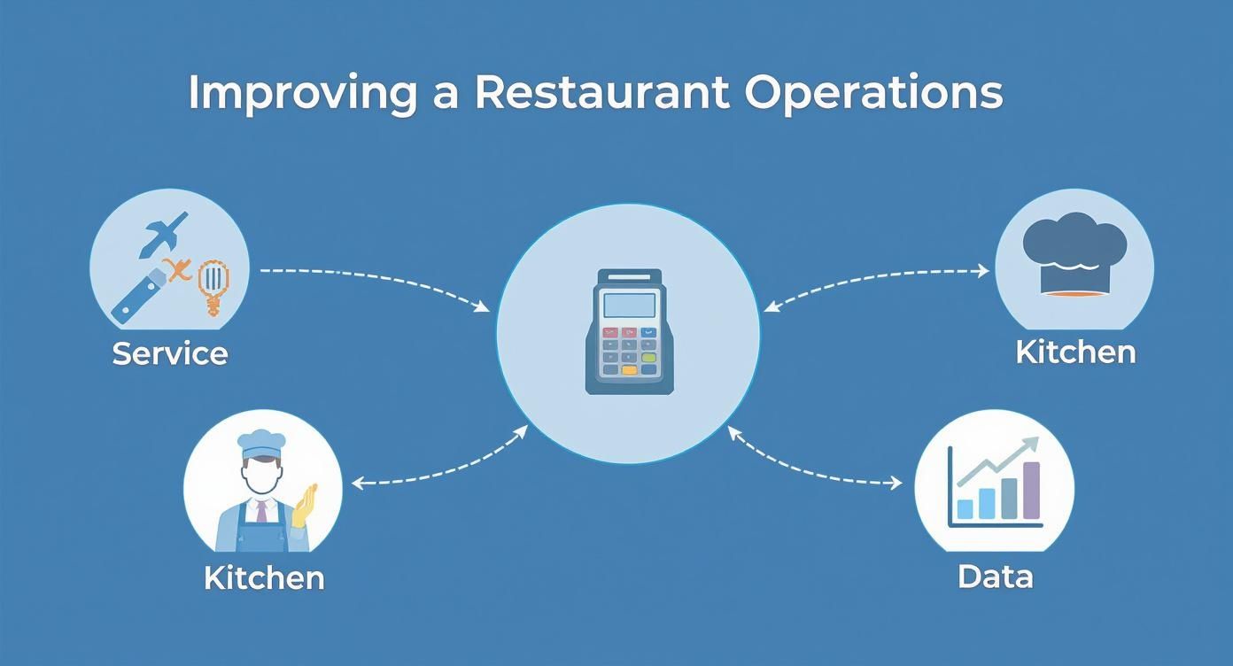 Diagram showing a point-of-sale (POS) system improving restaurant operations, service, kitchen, and data management.
